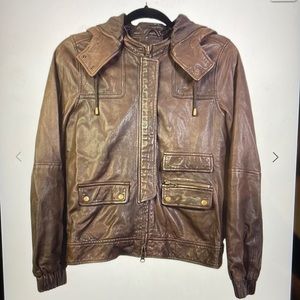 Joie genuine dark brown leather hooded bomber jacket w/ brass hardware sz small